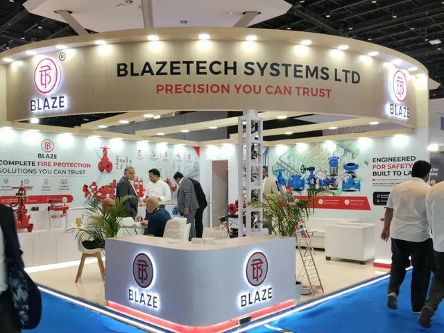 Blazetech Systems fire protection exhibition booth with curved wood-finish fascia