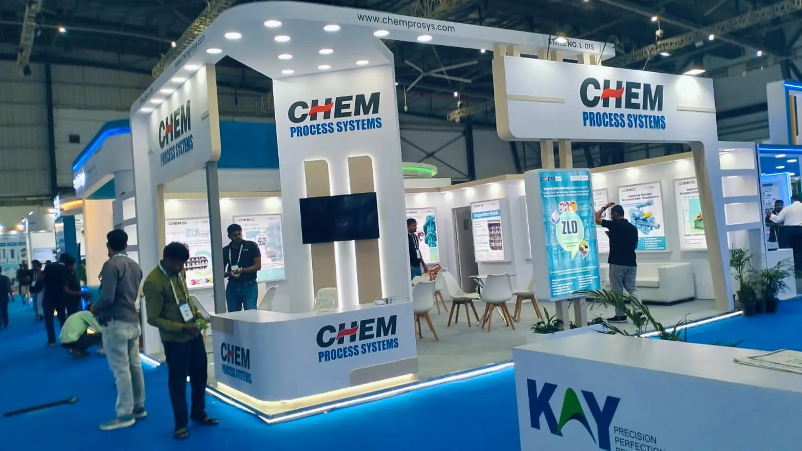Chem Process Systems exhibition stall with illuminated portal frames and lounge