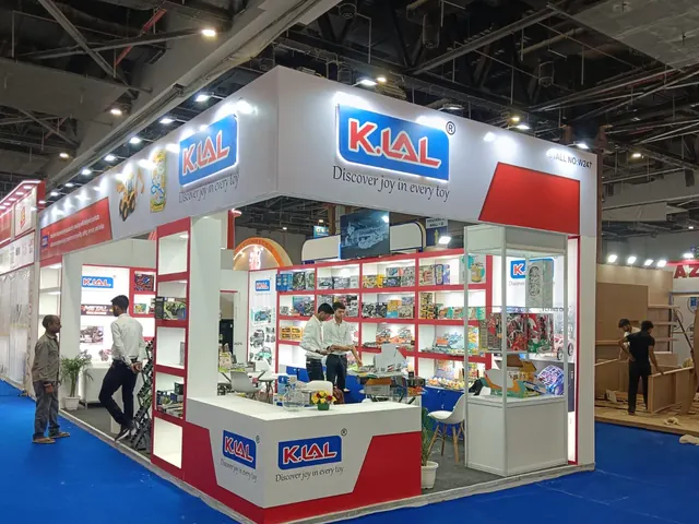 K.Lal toys exhibition stall in New Delhi with red and white display shelving